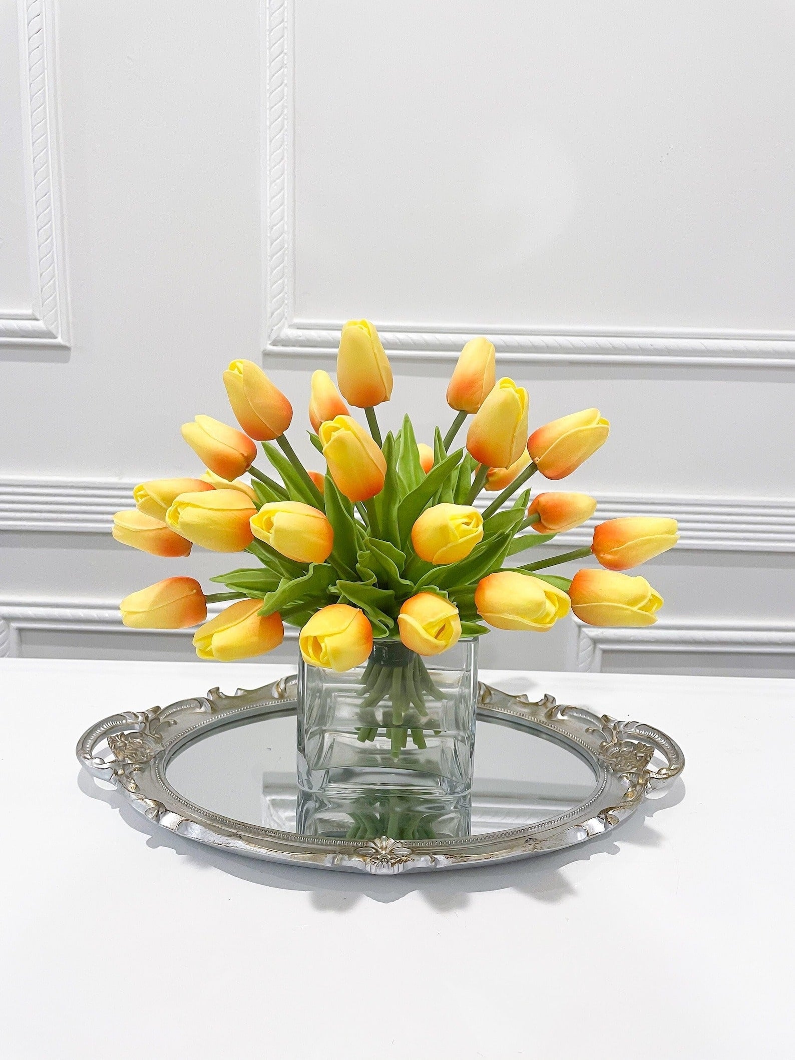 Medium Tulips Floral Arrangement Real Touch in Glass Vase - Flovery
