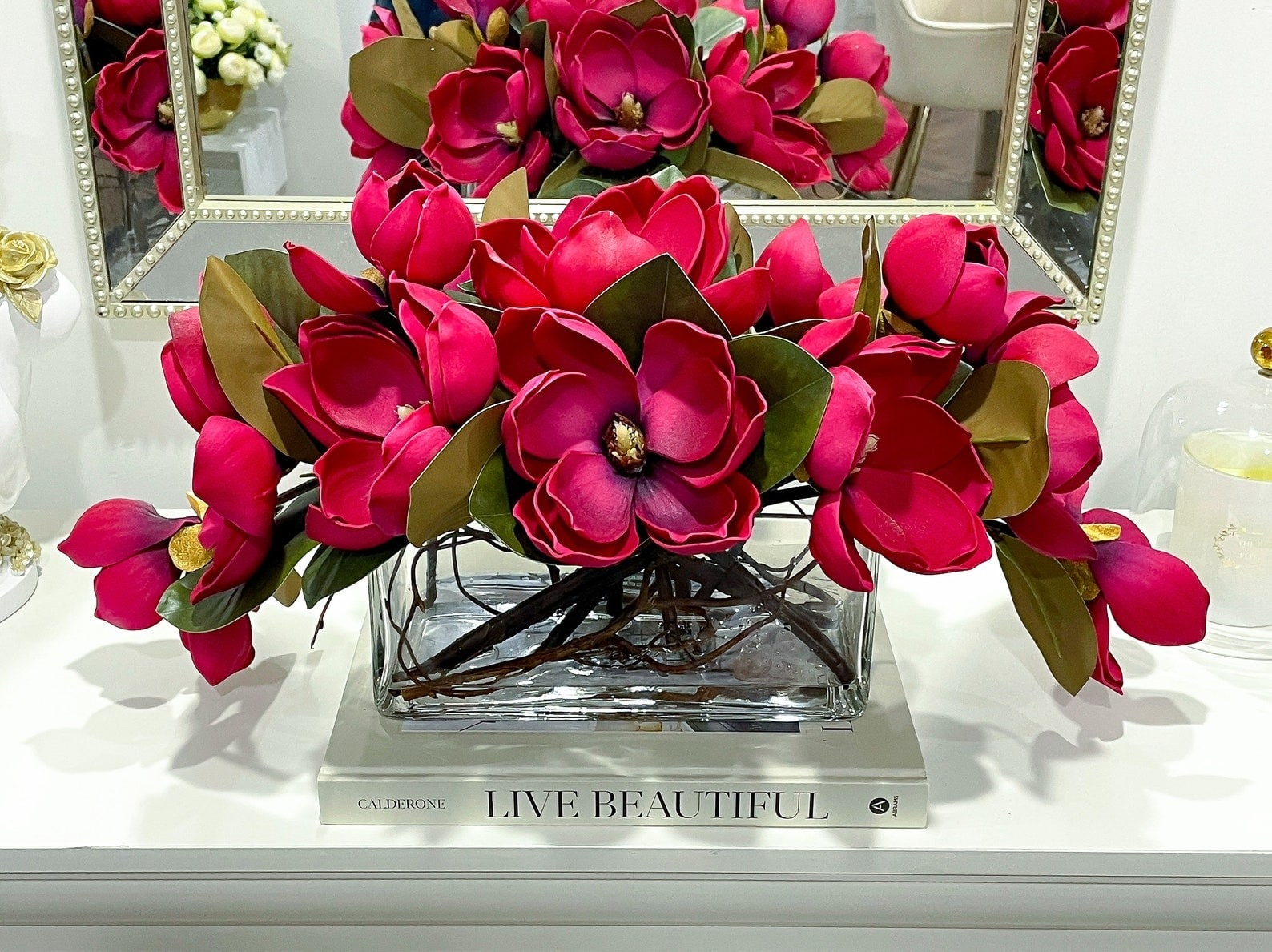 Artificial Magnolia Long Arrangement in Glass Vase Secondary image