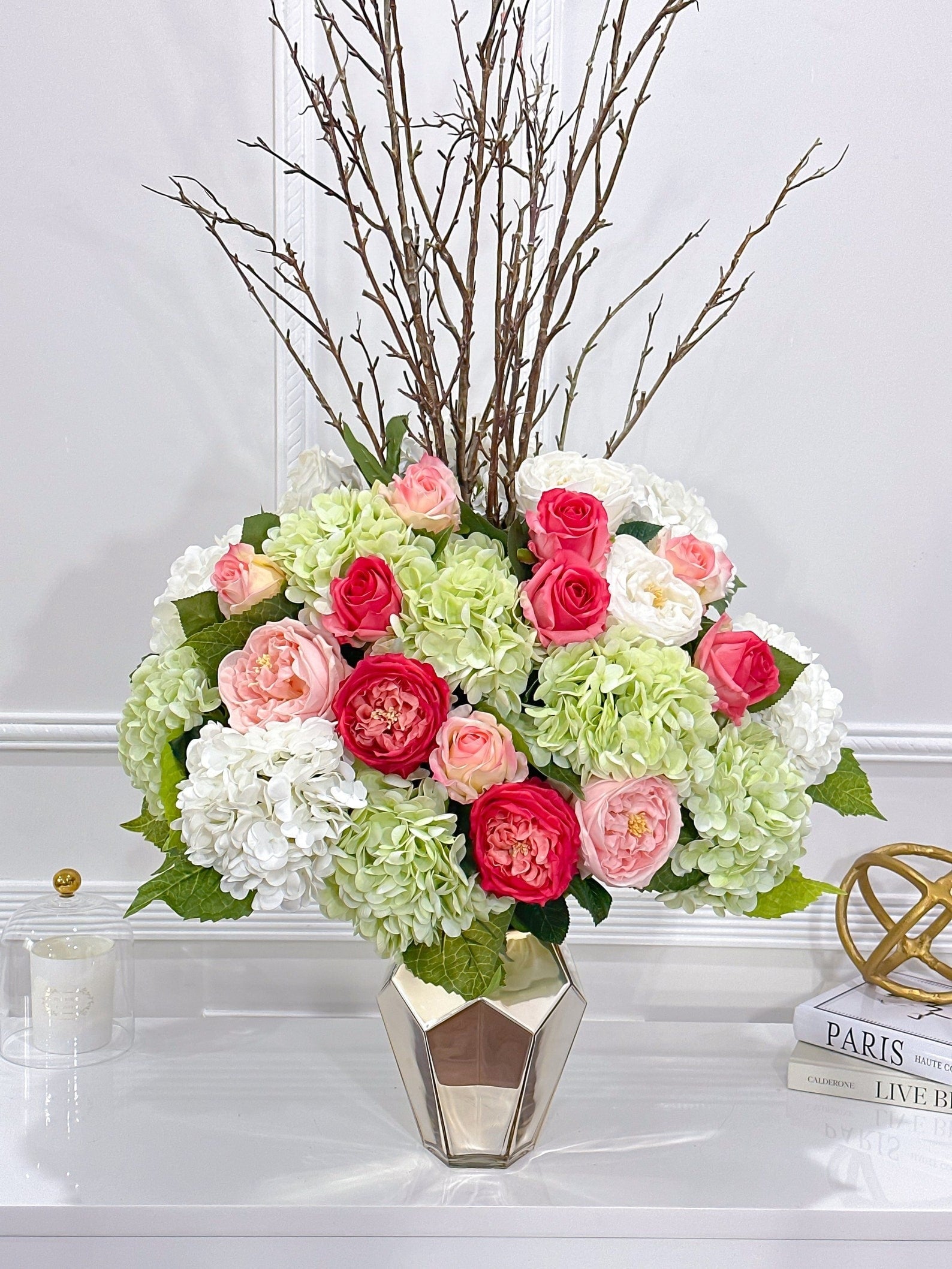 45-in Real Touch Hydrangea Rose Arrangement in Gold Vase