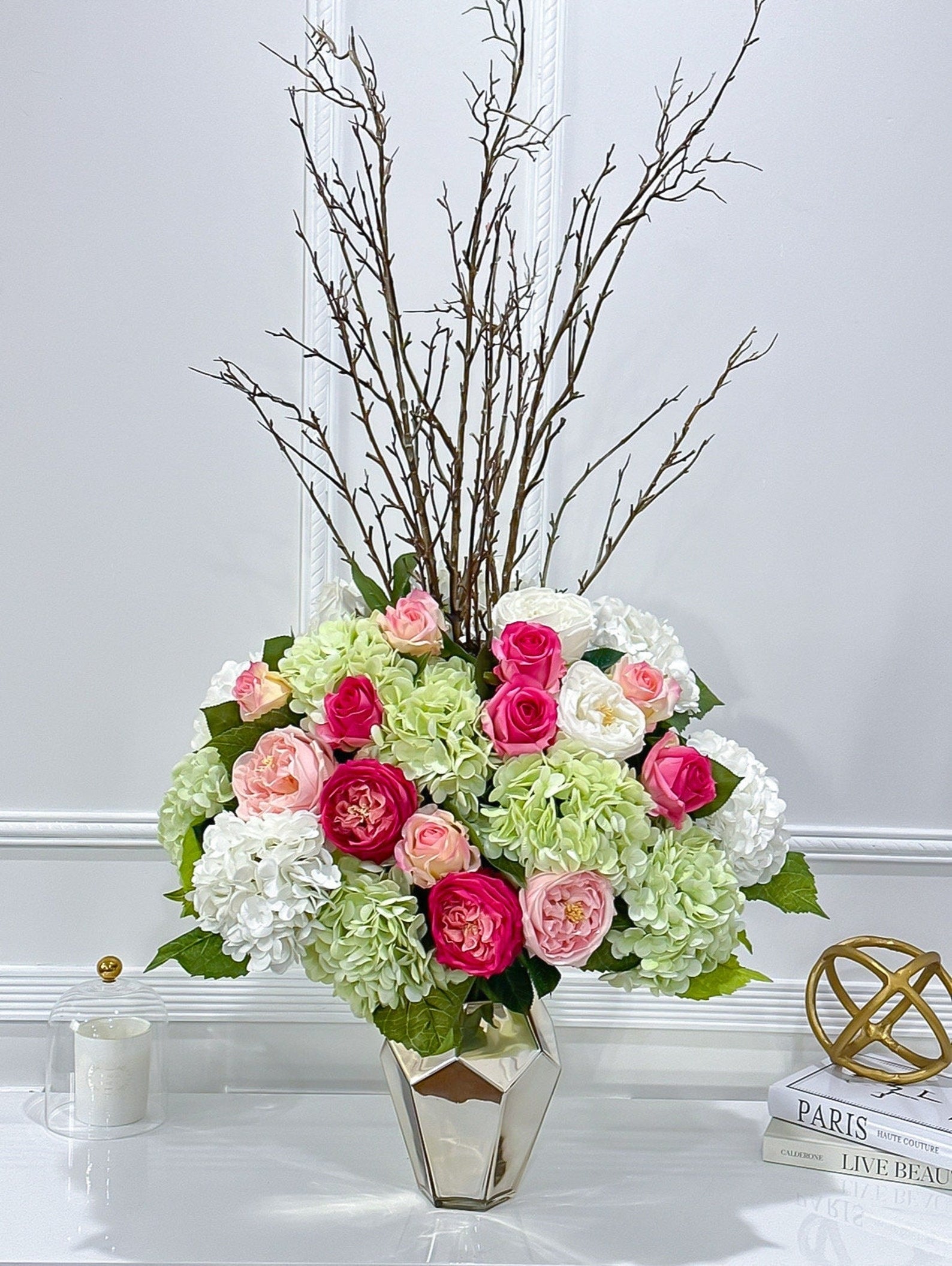 45-in Real Touch Hydrangea Rose Arrangement in Gold Vase Secondary image