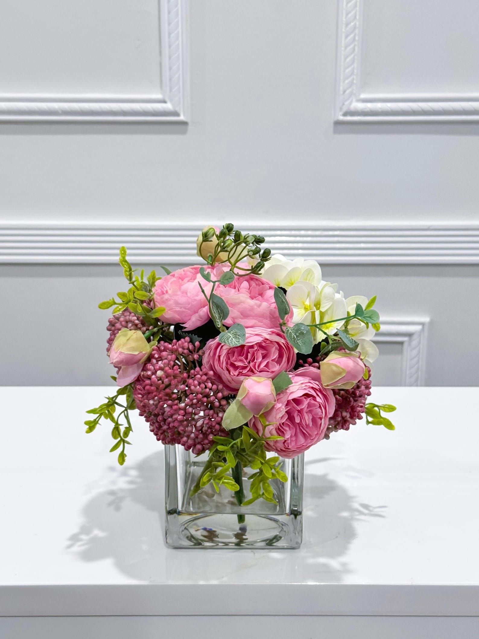 Faux Peony Hydrangea Green Berries Arrangement