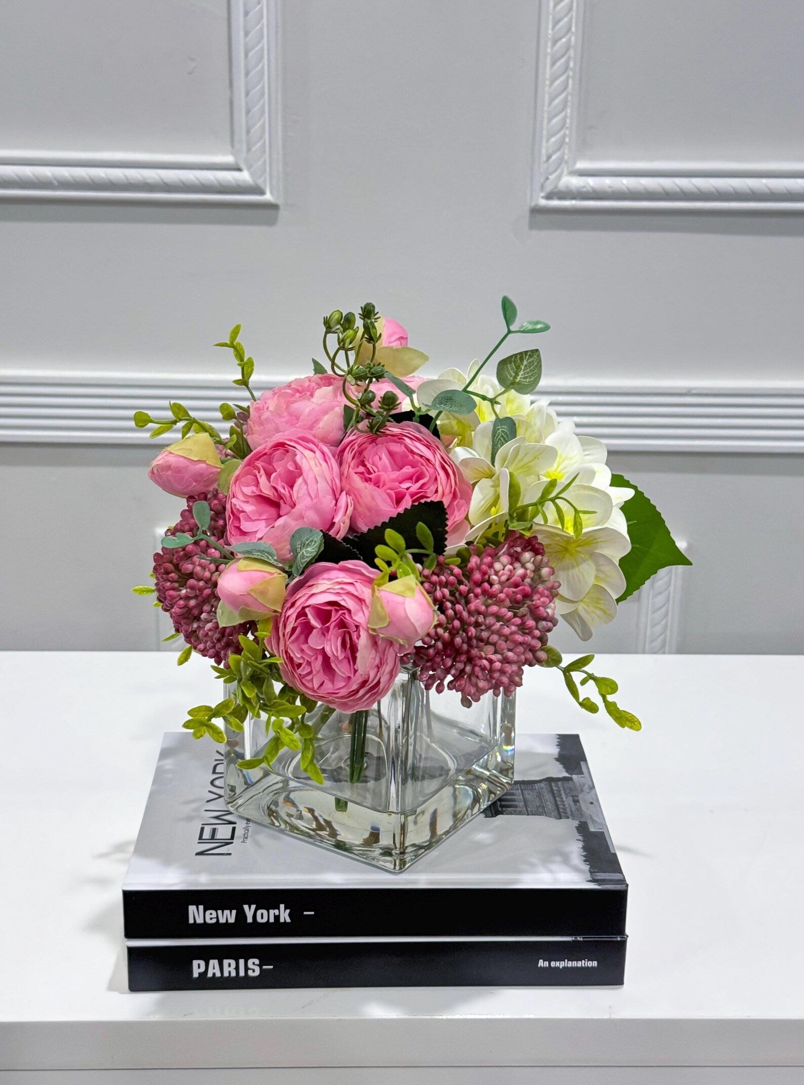 Faux Peony Hydrangea Green Berries Arrangement