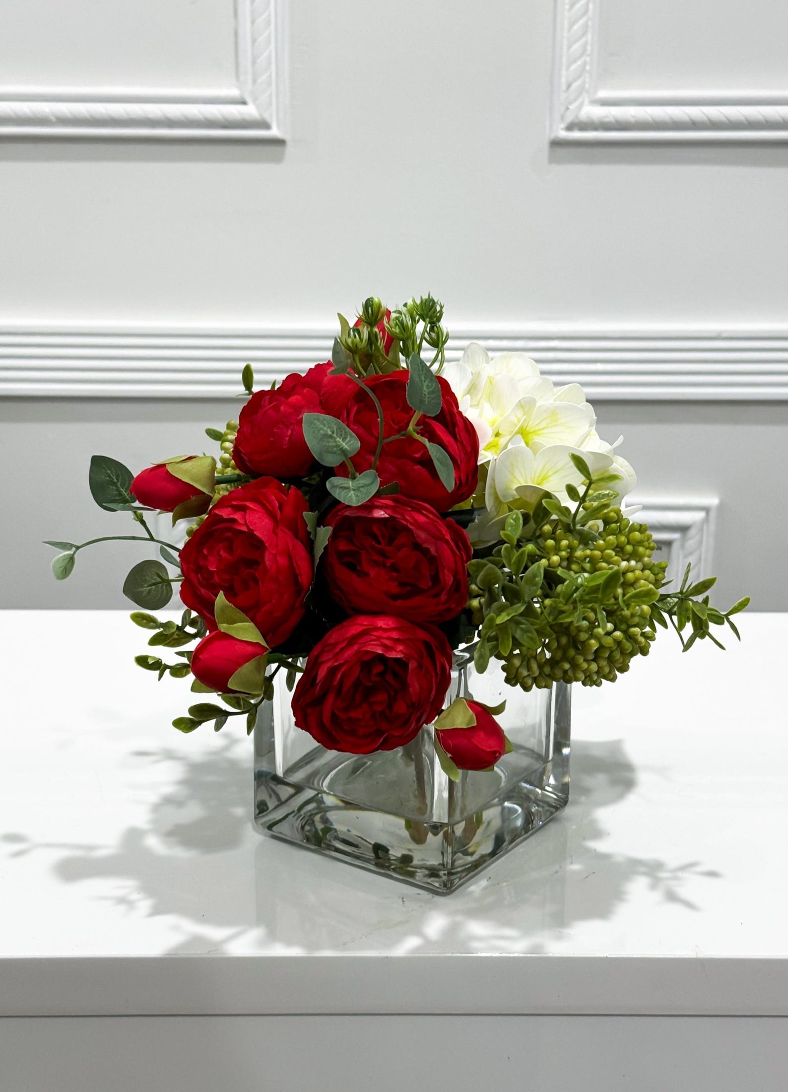 Faux Peony Hydrangea Green Berries Arrangement