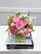 Faux Peony Hydrangea Green Berries Arrangement