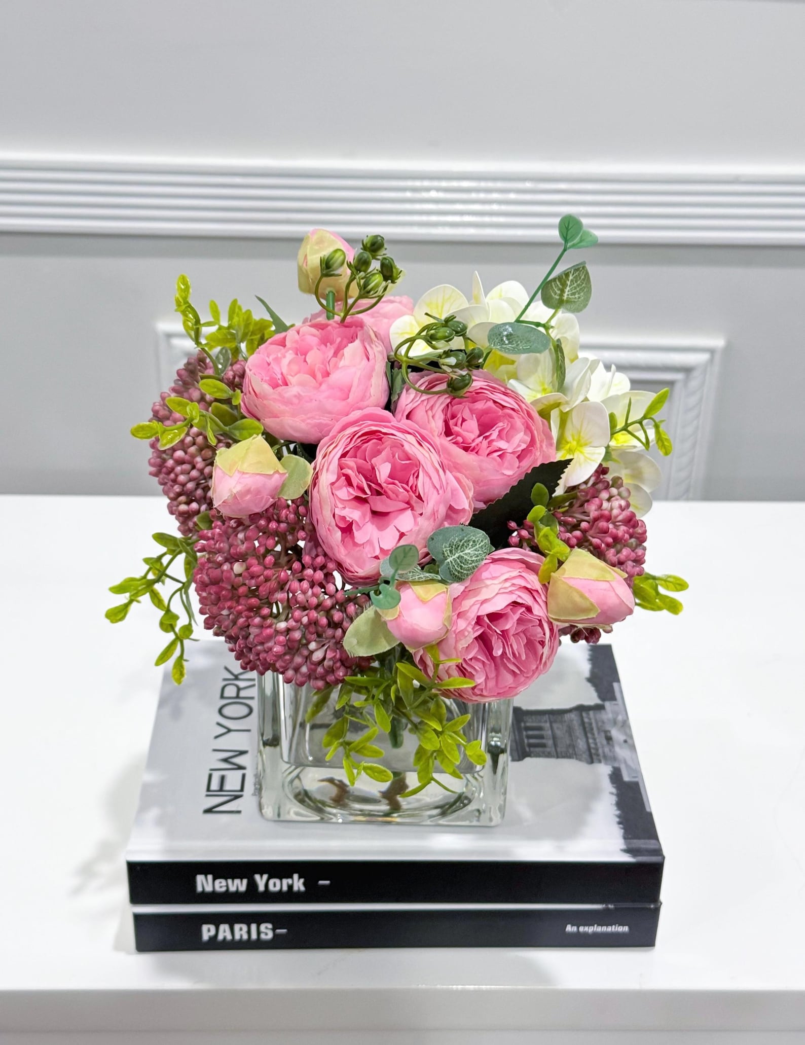 Faux Peony Hydrangea Green Berries Arrangement