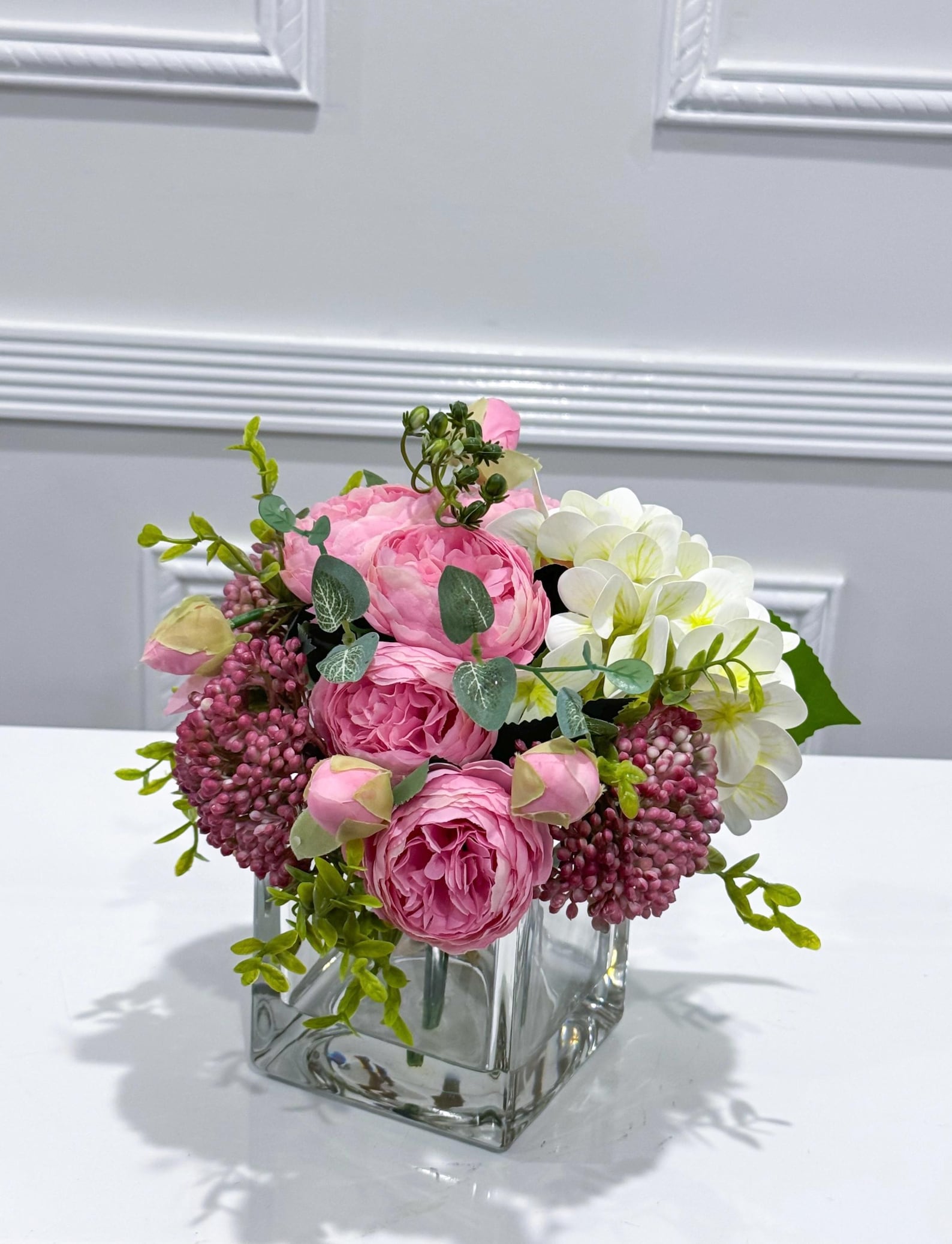 Faux Peony Hydrangea Green Berries Arrangement