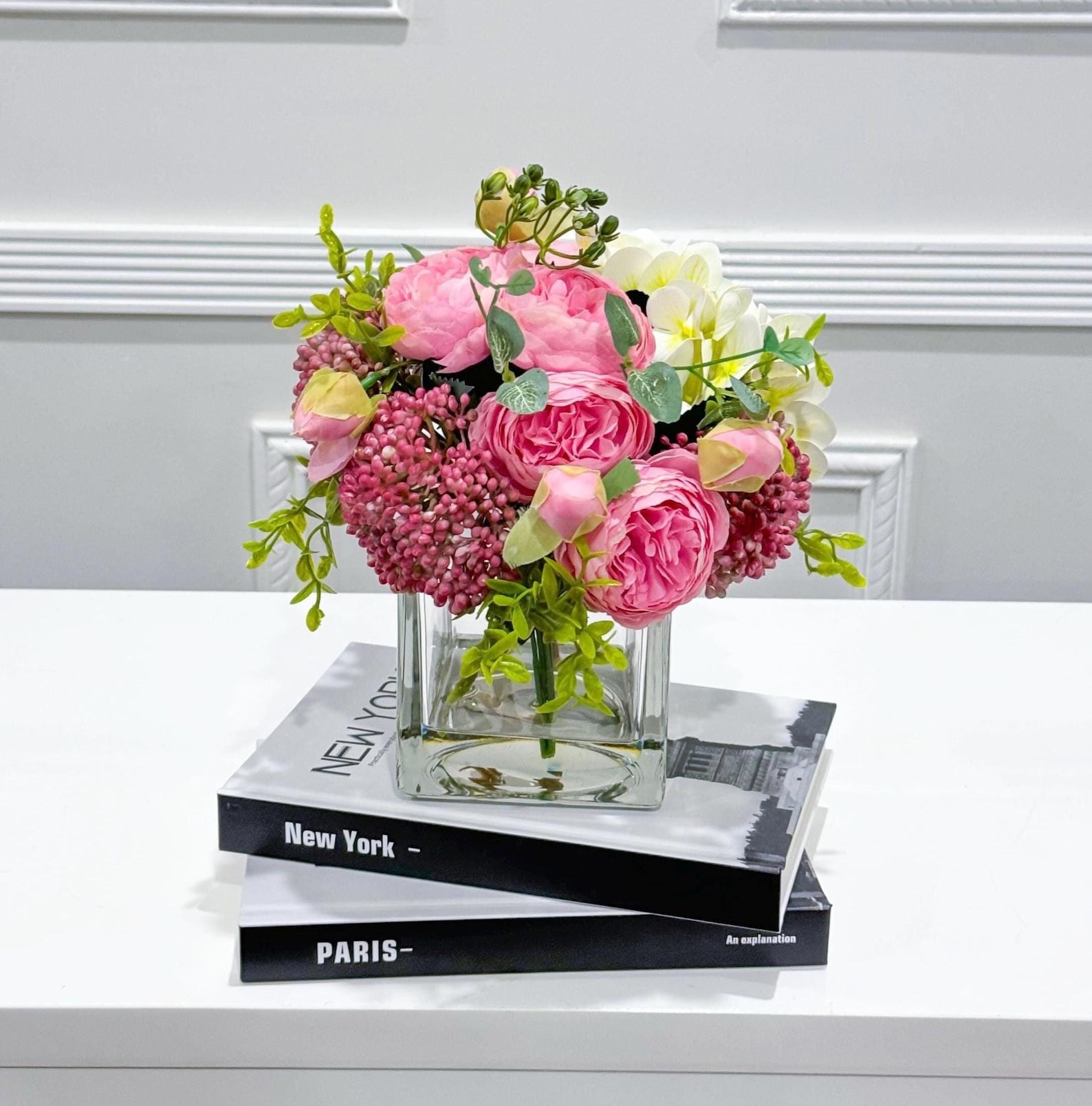 Faux Peony Hydrangea Green Berries Arrangement