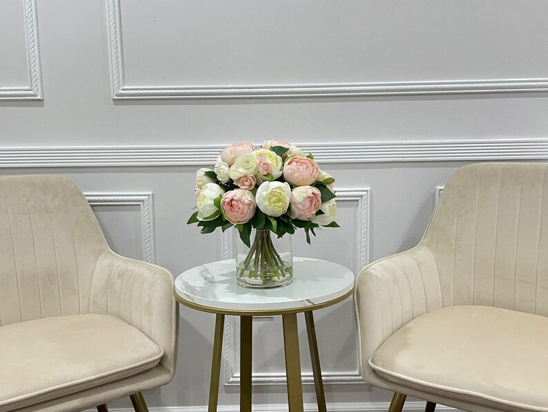 Modern Pink White Silk Peonies Arrangement In Glass Vase Secondary image