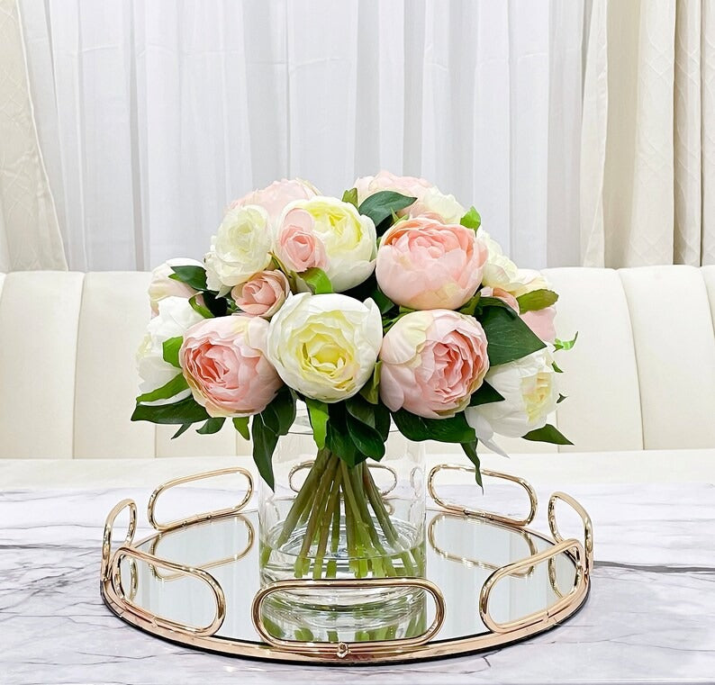 Modern Pink White Silk Peonies Arrangement In Glass Vase