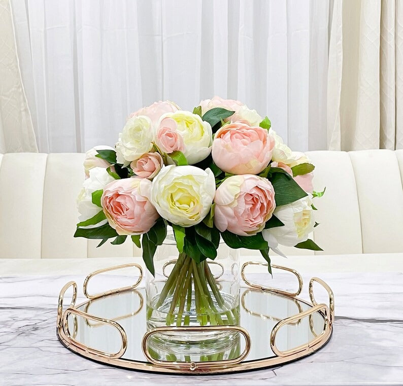 Modern Pink White Silk Peonies Arrangement In Glass Vase - Flovery