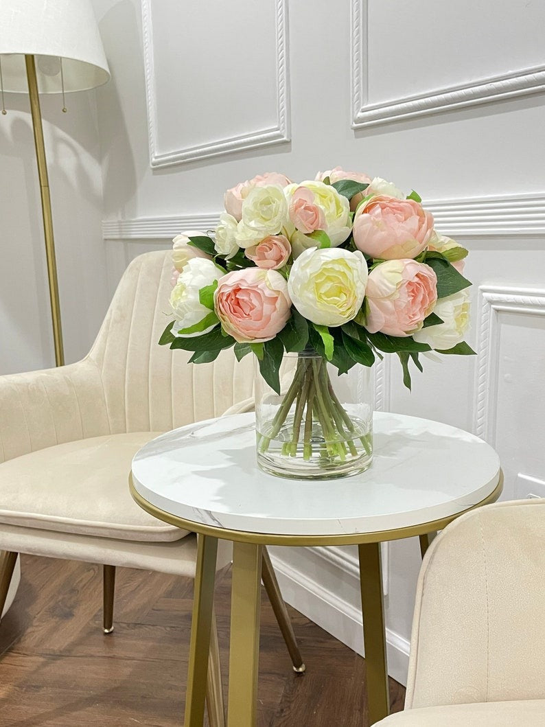 Modern Pink White Silk Peonies Arrangement In Glass Vase - Flovery