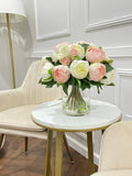 Modern Pink White Silk Peonies Arrangement In Glass Vase