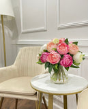 Modern Pink White Silk Peonies Arrangement In Glass Vase