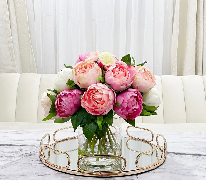 Modern Pink White Silk Peonies Arrangement In Glass Vase - Flovery