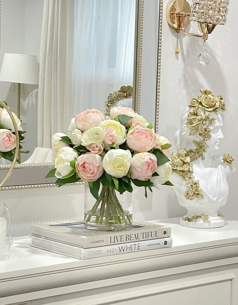 Modern Pink White Silk Peonies Arrangement In Glass Vase - Flovery Main image
