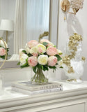 Modern Pink White Silk Peonies Arrangement In Glass Vase