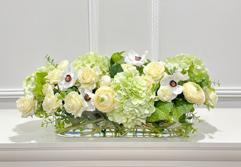 Long Faux Floral Arrangement Green Mixed in Glass Vase