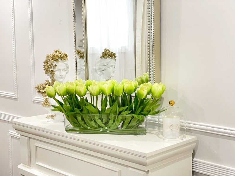 Modern Long Real Touch Tulip Arrangement in Rectangle Glass Vase - Flovery