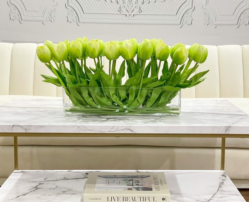 Modern Long Real Touch Tulip Arrangement in Rectangle Glass Vase - Flovery