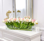 Modern Long Pink/ White Real Touch Tulip Centerpiece in Glass Vase for Table Decor - Flovery