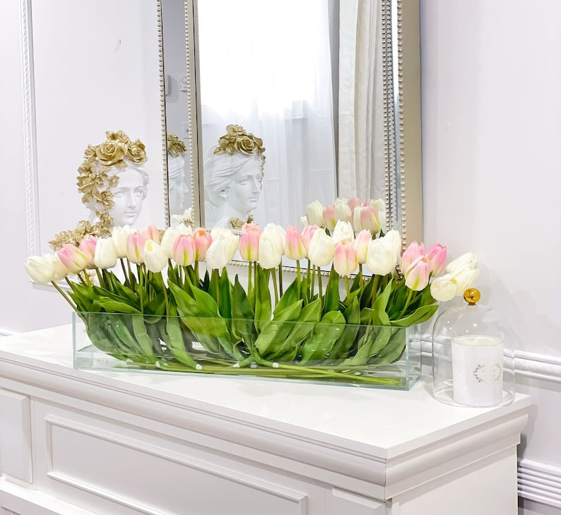 Modern Long Pink/ White Real Touch Tulip Centerpiece in Glass Vase for Table Decor - Flovery
