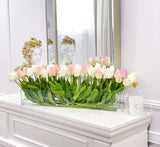Modern Long Pink/ White Real Touch Tulip Centerpiece in Glass Vase for Table Decor