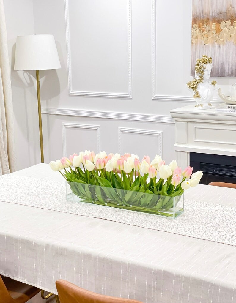 Modern Long Pink/ White Real Touch Tulip Centerpiece in Glass Vase for Table Decor - Flovery