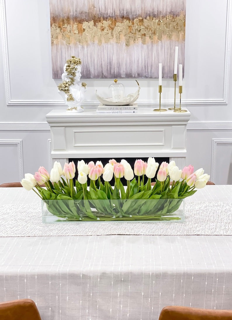 Modern Long Pink/ White Real Touch Tulip Centerpiece in Glass Vase for Table Decor