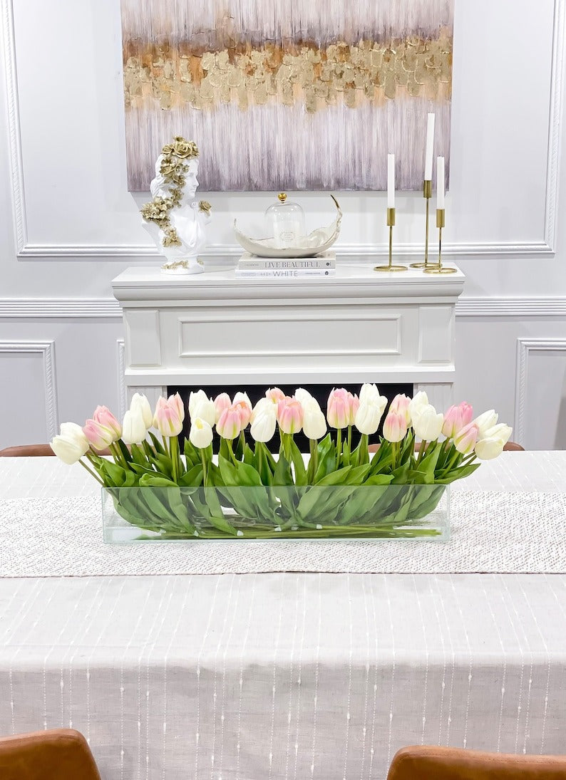 Modern Long Pink/ White Real Touch Tulip Centerpiece in Glass Vase for Table Decor - Flovery