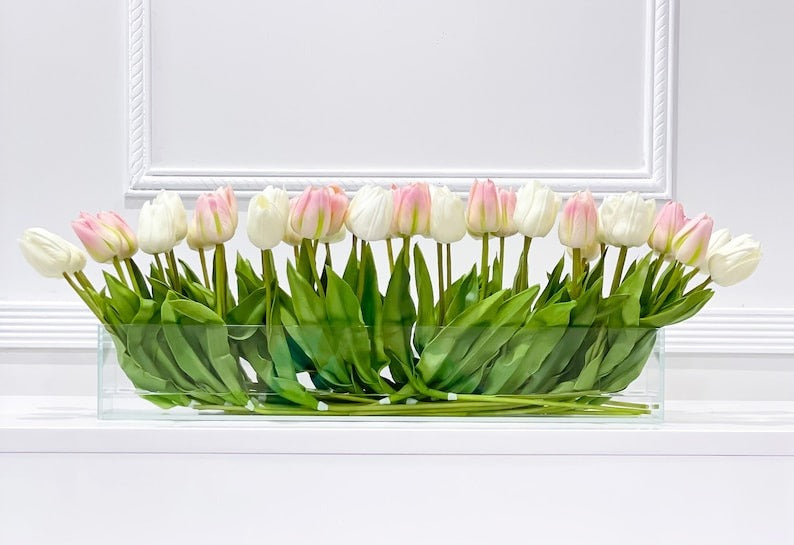 Modern Long Pink/ White Real Touch Tulip Centerpiece in Glass Vase for Table Decor - Flovery