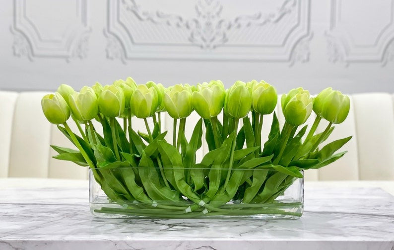 Modern Long Real Touch Tulip Arrangement in Rectangle Glass Vase - Flovery