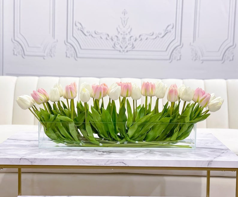 Modern Long Pink/ White Real Touch Tulip Centerpiece in Glass Vase for Table Decor - Flovery