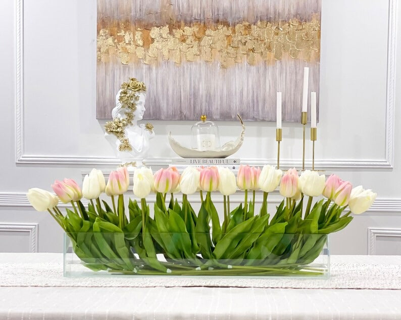 Modern Long Pink/ White Real Touch Tulip Centerpiece in Glass Vase for Table Decor - Flovery