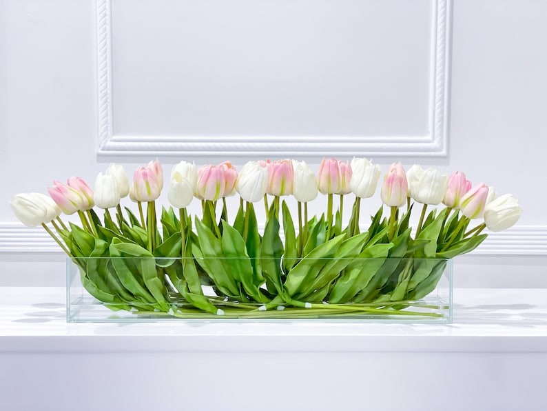 Modern Long Pink/ White Real Touch Tulip Centerpiece in Glass Vase for Table Decor - Flovery