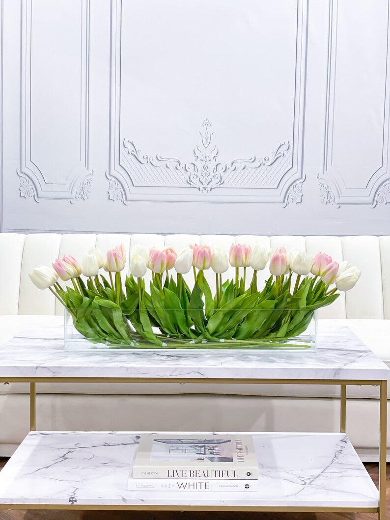 Modern Long Pink/ White Real Touch Tulip Centerpiece in Glass Vase for Table Decor - Flovery Main image