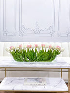 Modern Long Pink/ White Real Touch Tulip Centerpiece in Glass Vase for Table Decor - Flovery