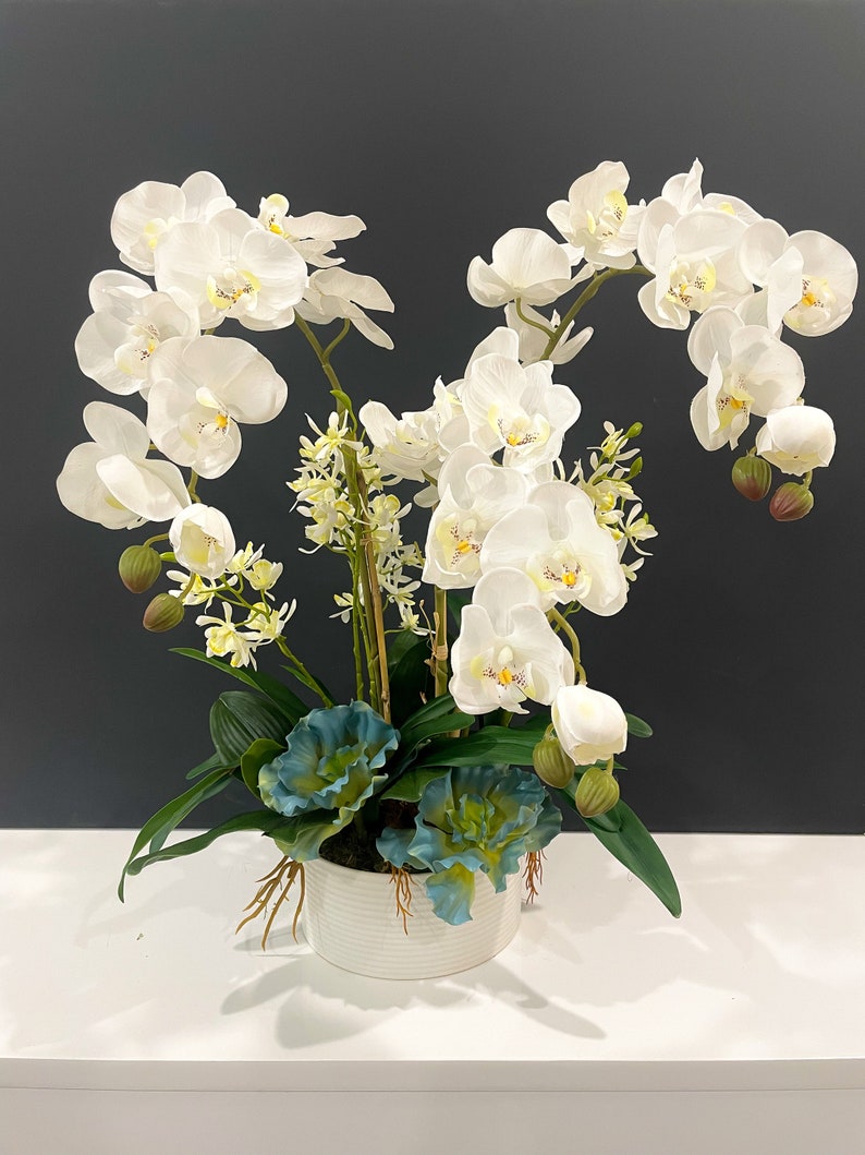 Luxury Real Touch White Phalaenopsis Orchid Arrangement in White Vase | French Table Centerpiece Secondary image
