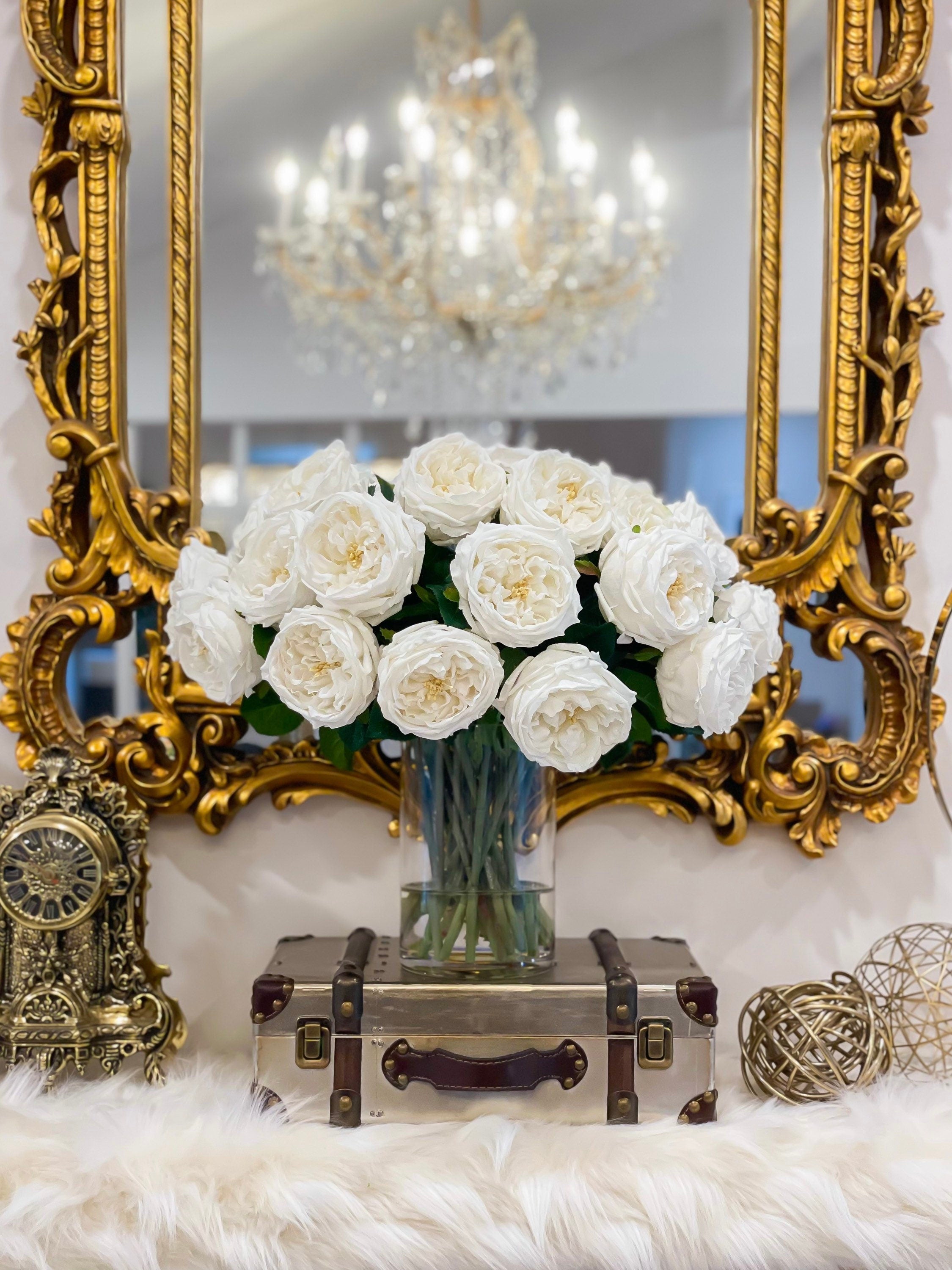 18 inch Large Real Touch White English Rose Centerpiece in Glass Vase - Flovery
