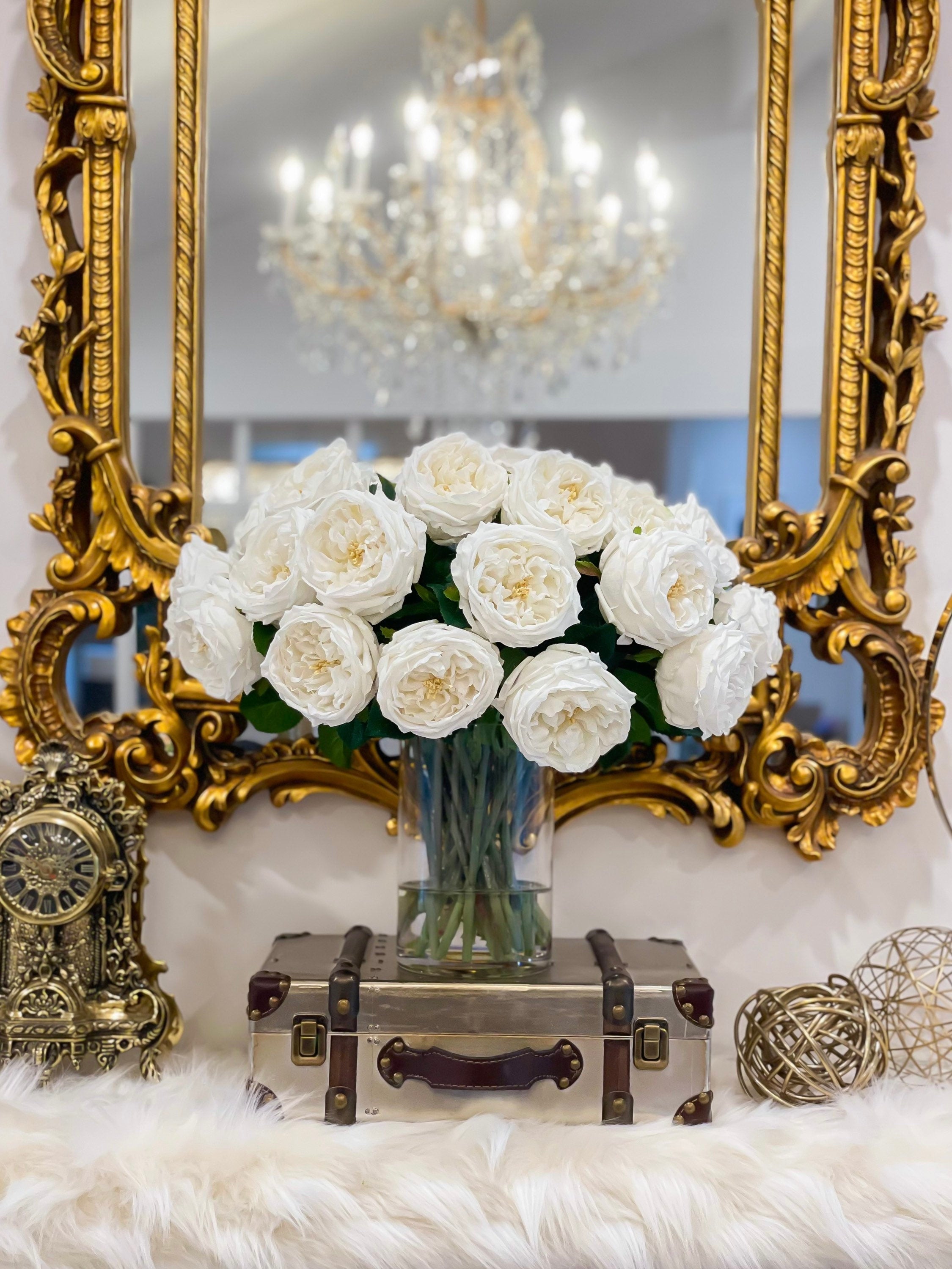 18 inch Large Real Touch White English Rose Centerpiece in Glass Vase - Flovery
