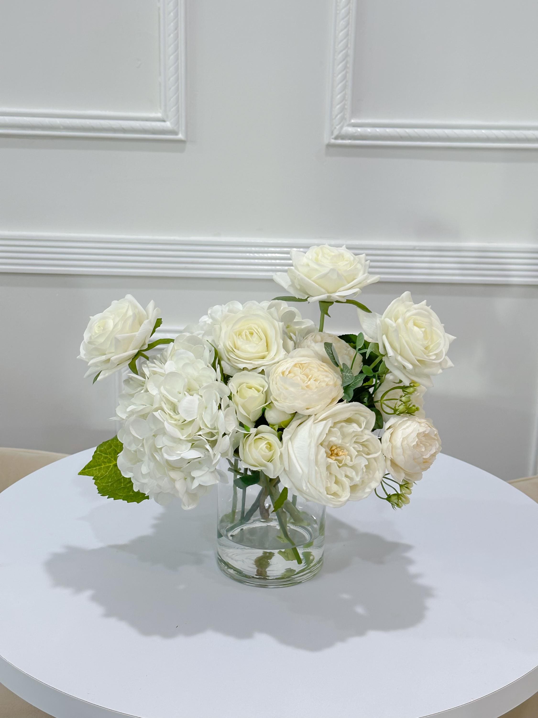 12-in White Hydrangea Rose Peony French Real Touch Centerpiece