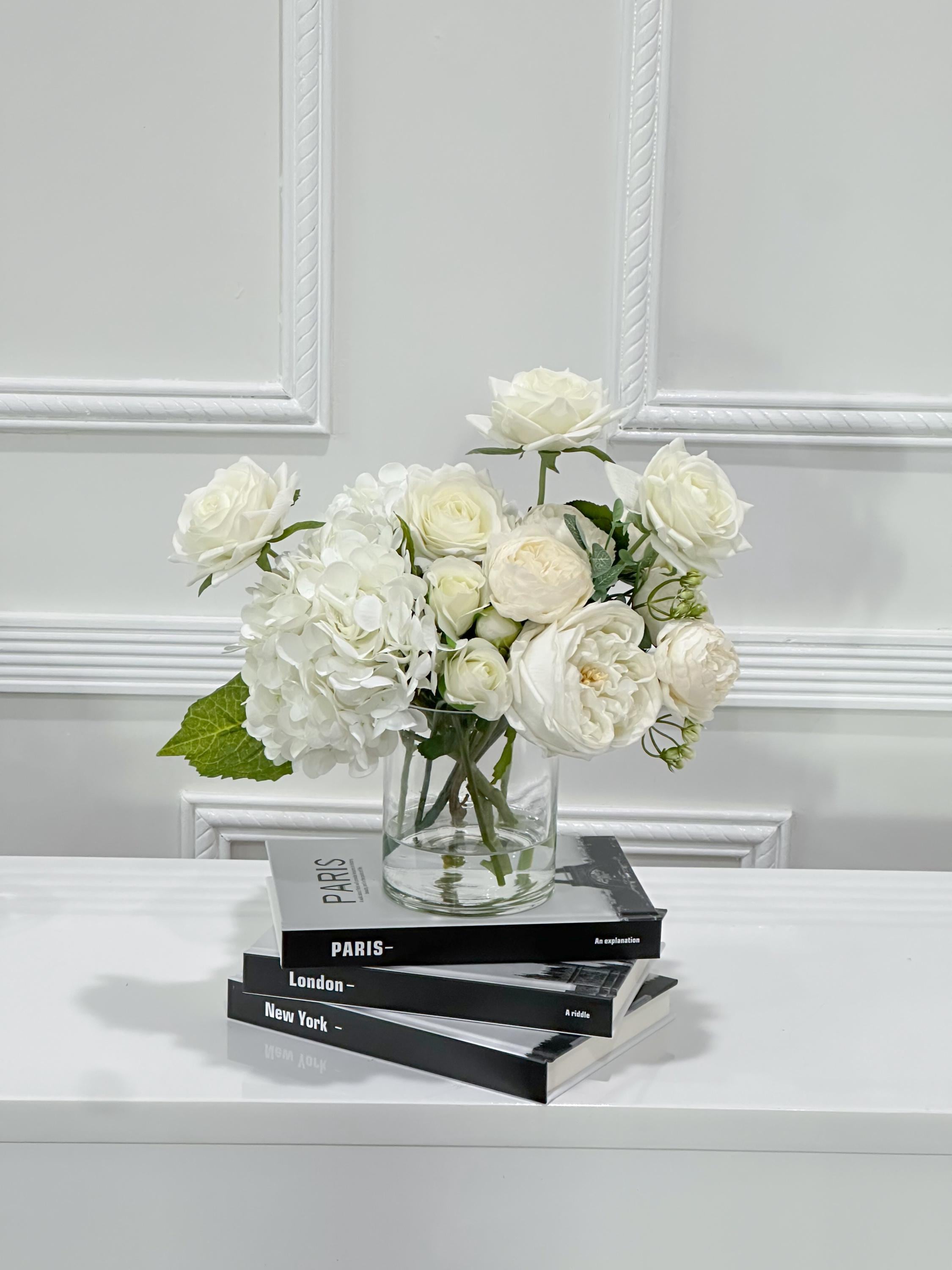 12-in White Hydrangea Rose Peony French Real Touch Centerpiece