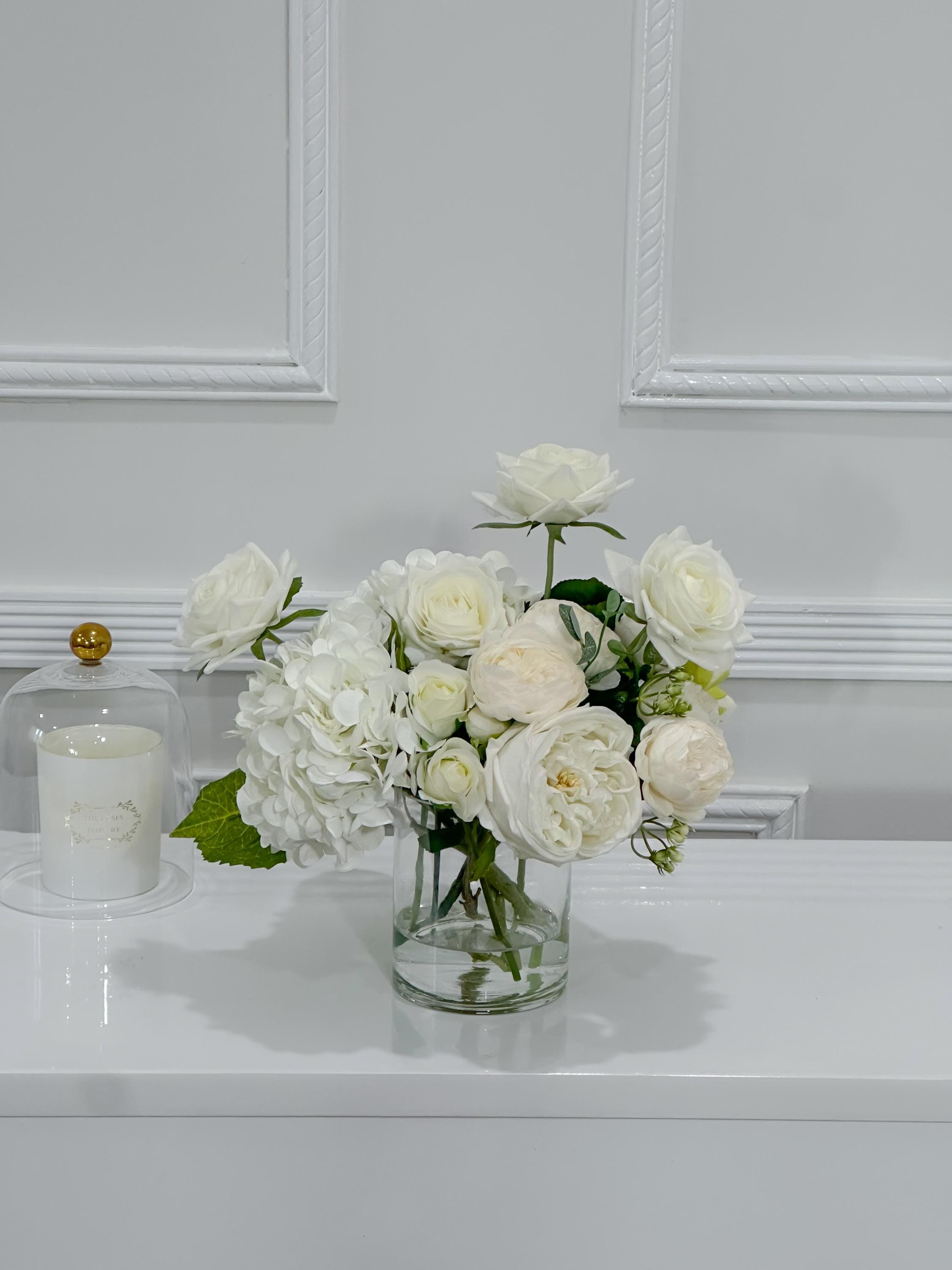 12-in White Hydrangea Rose Peony French Real Touch Centerpiece