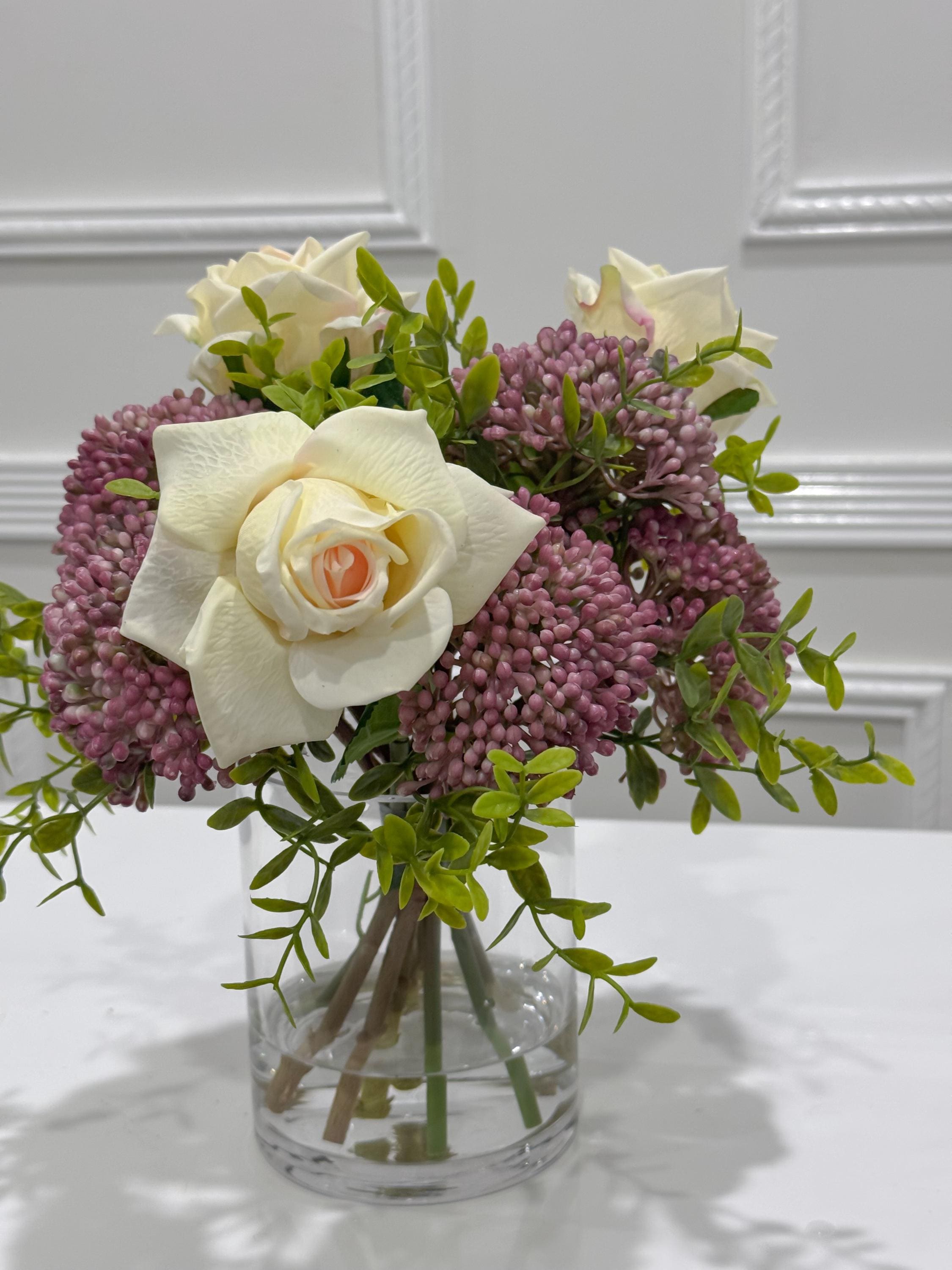 10-in Cream Rose Lavender Berry Real Touch Arrangement in Glass Vase
