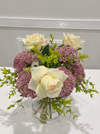 10-in Cream Rose Lavender Berry Real Touch Arrangement in Glass Vase