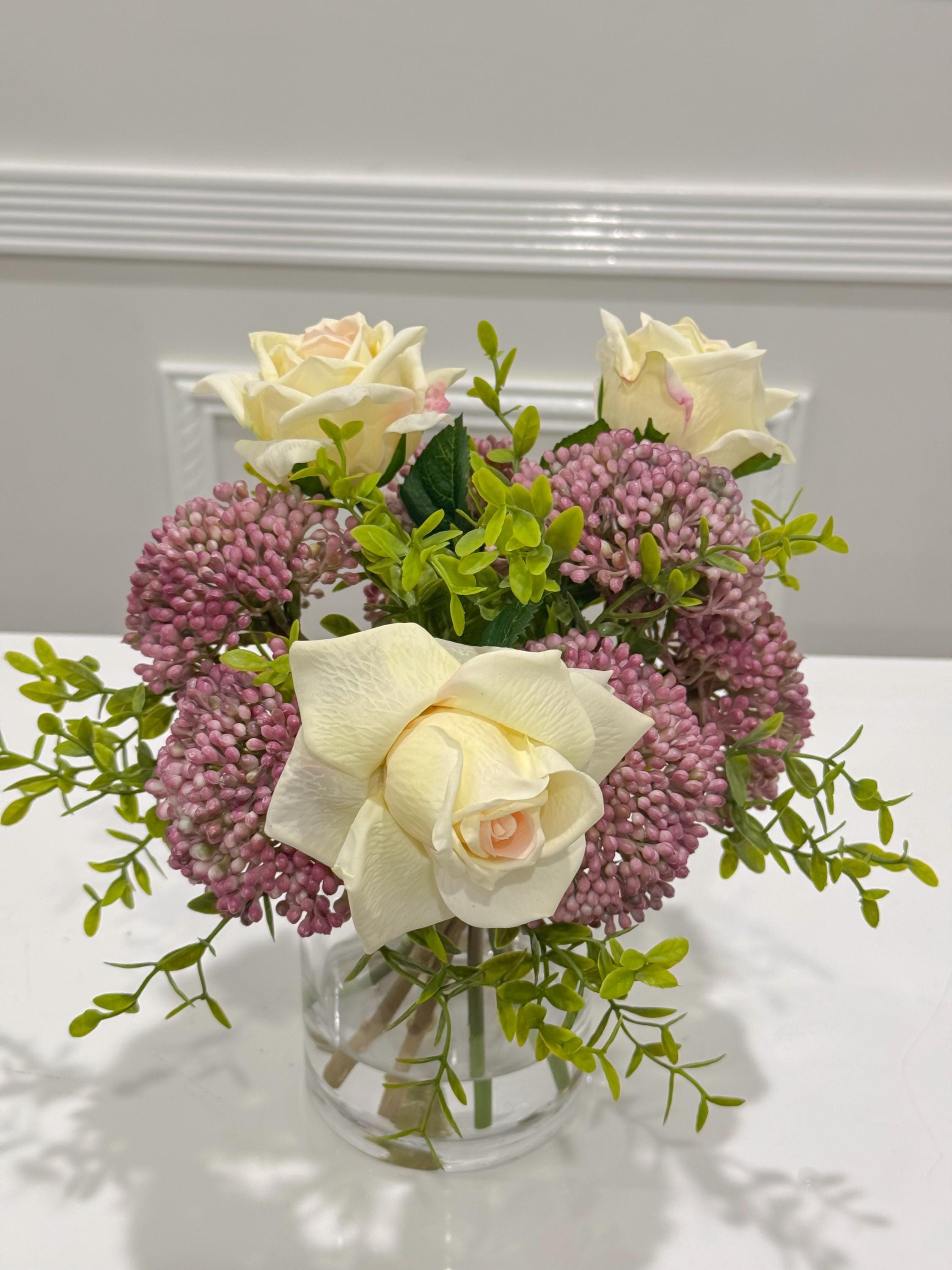10-in Cream Rose Lavender Berry Real Touch Arrangement in Glass Vase