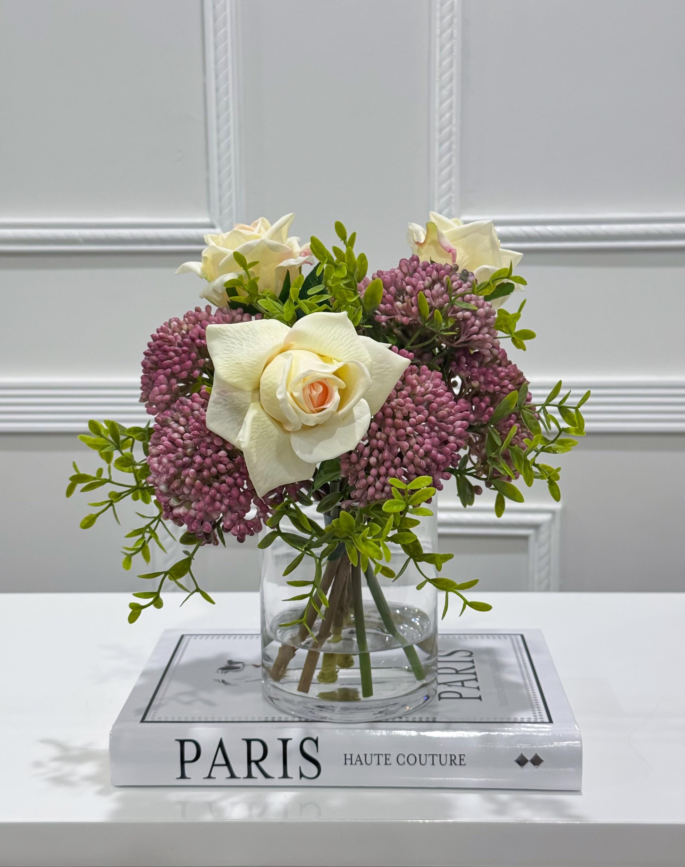 10-in Cream Rose Lavender Berry Real Touch Arrangement in Glass Vase