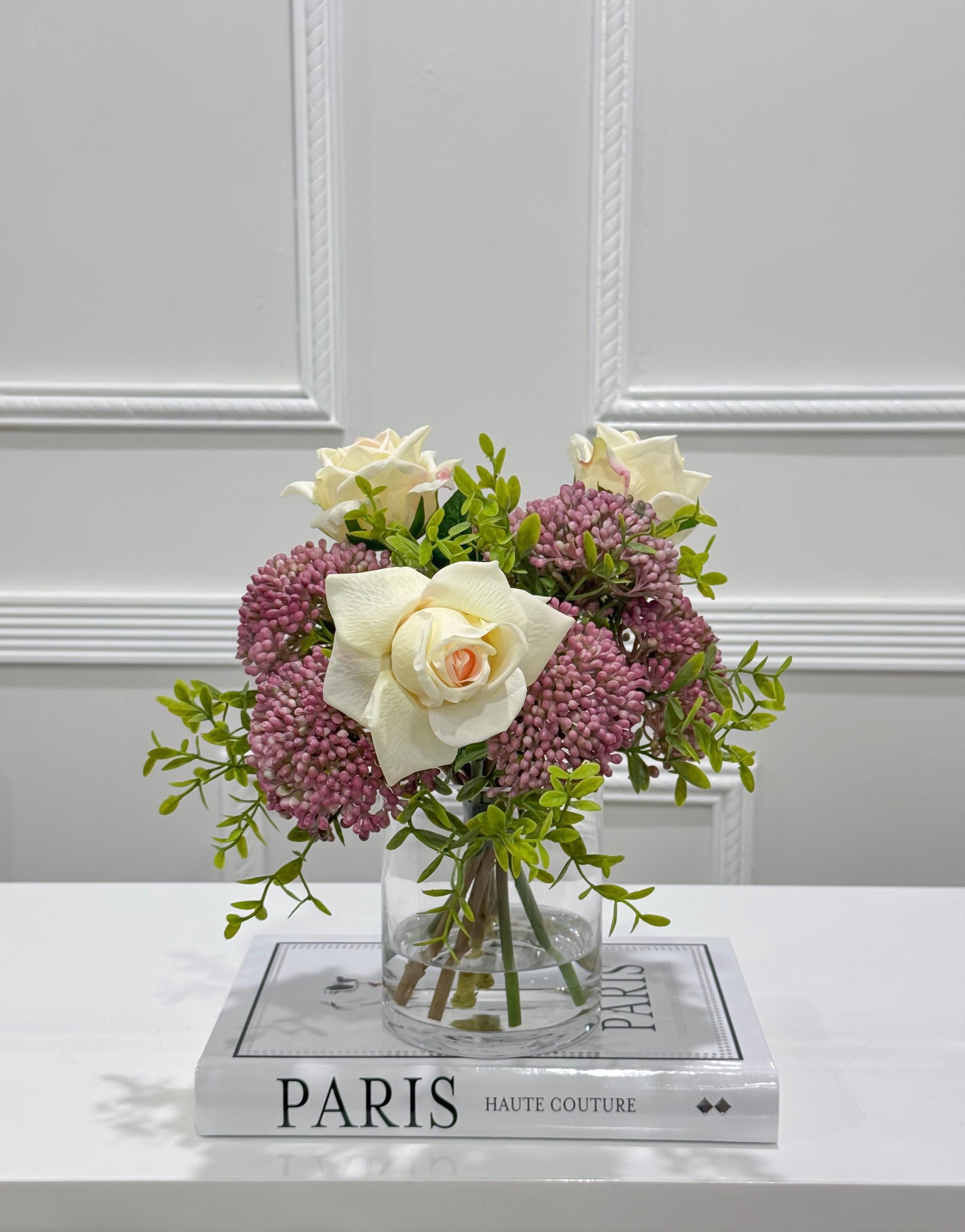 Cream Rose Lavender Berry Real Touch Arrangement in Glass Vase Secondary image