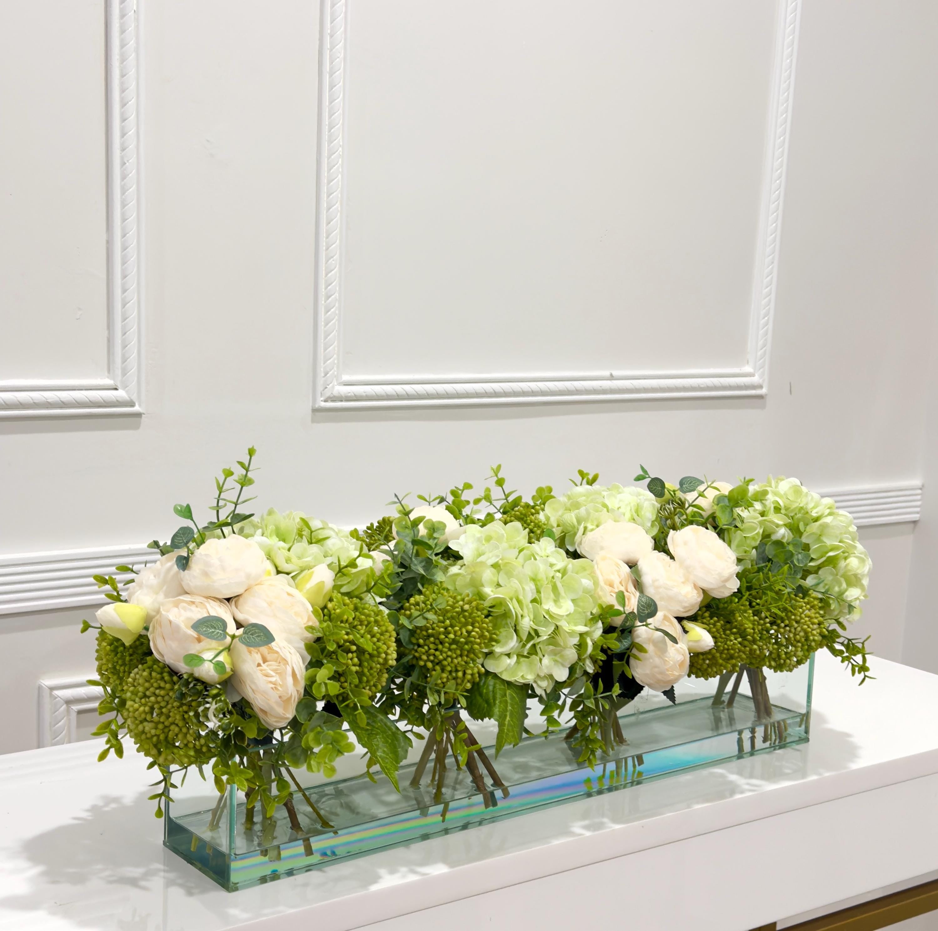 24-in White Rose Peony Green Hydrangea Real Touch Long Centerpiece Secondary image