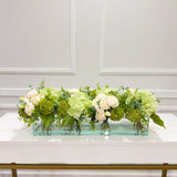 24-in White Rose Peony Green Hydrangea Real Touch Long Centerpiece in Glass Vase