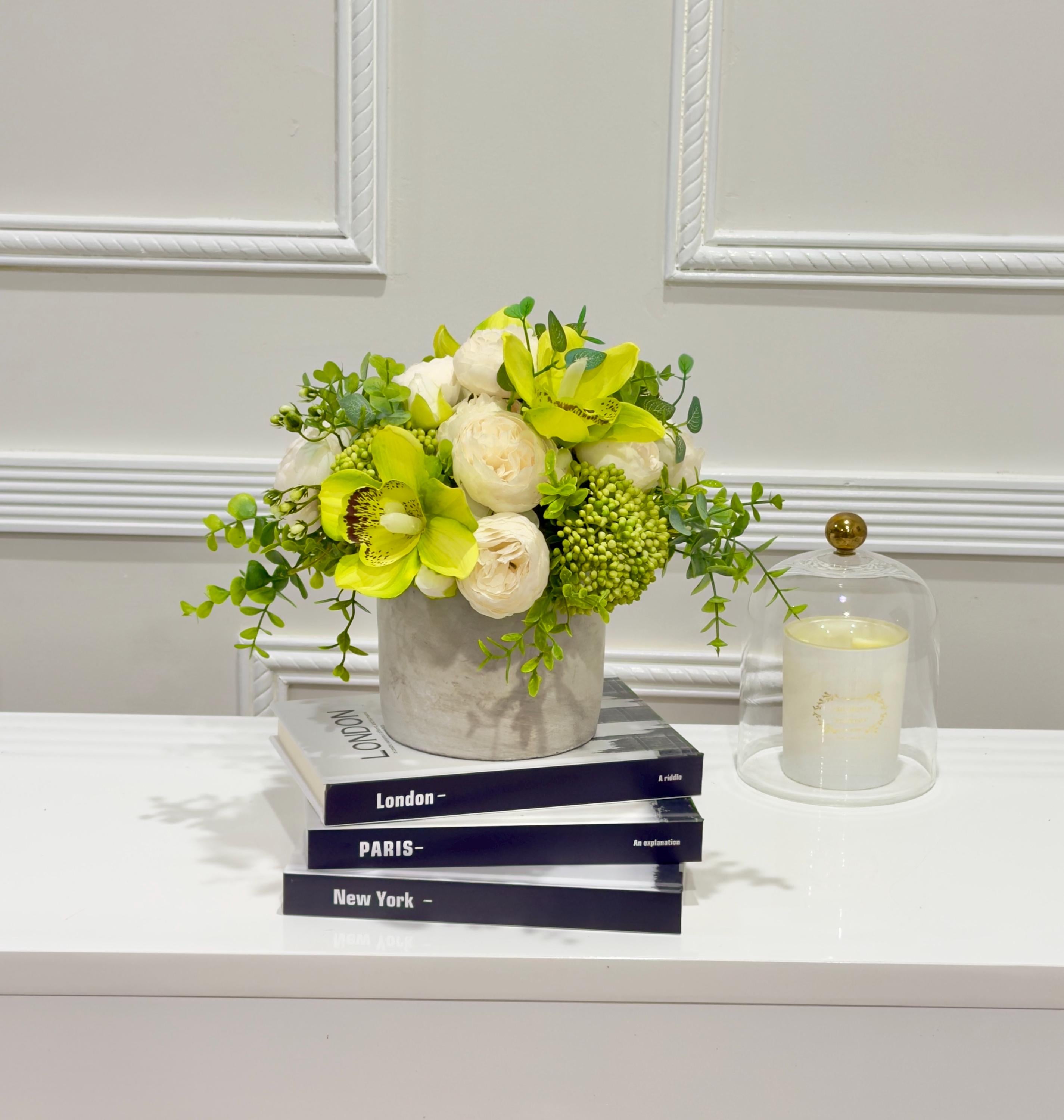 Green orchid peony and green berries real touch floral arrangement in decorative pot Main image